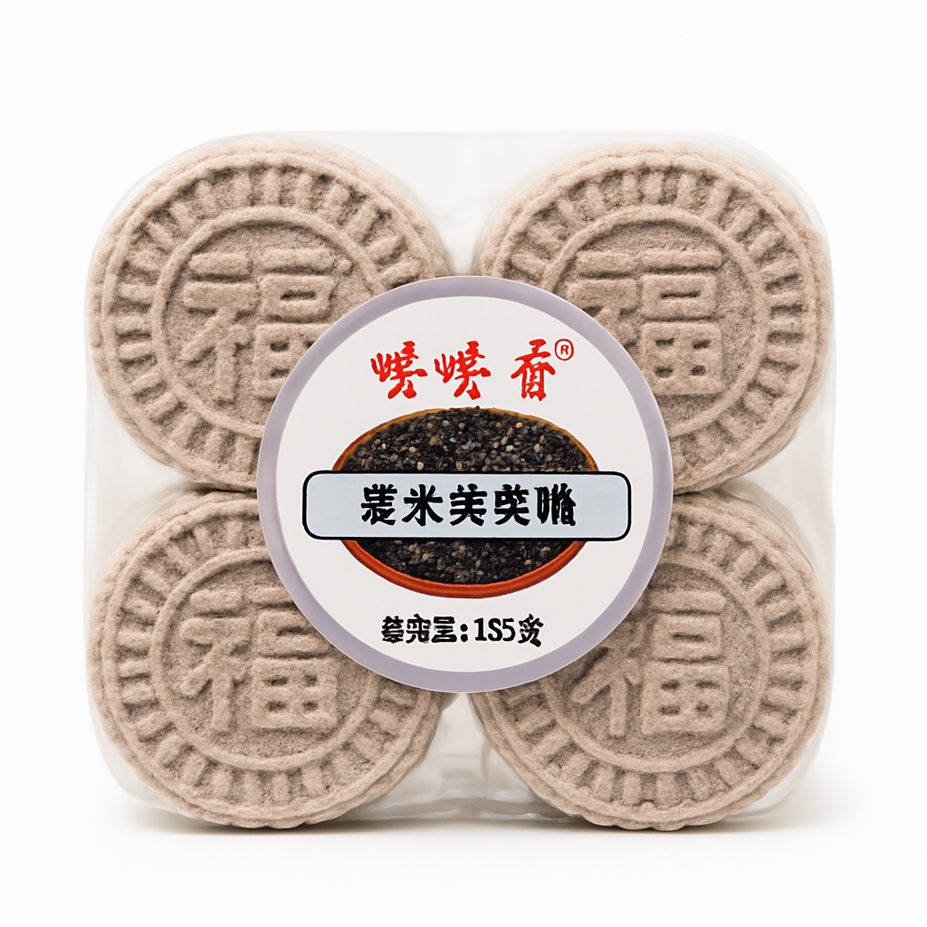 Mei Wei: Bolinho de Arroz Preto e Semente de Lótus（黑米芡实糕）- Pen Pen Xiang 155g - Embalagem em Fundo Branco