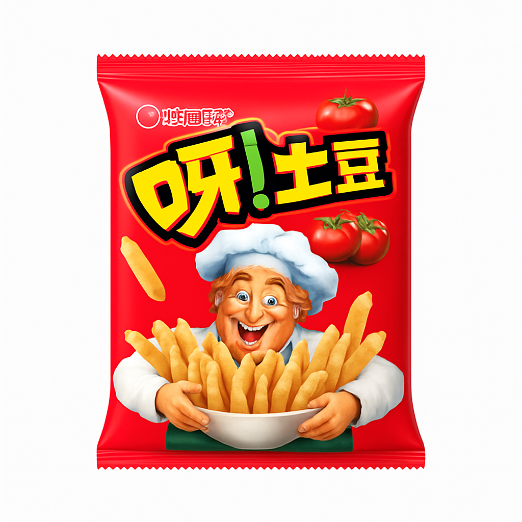 Mei Wei: Salgadinho de Batata Sabor Ketchup（呀!土豆）- Orion 70g - Embalagem em Fundo Branco