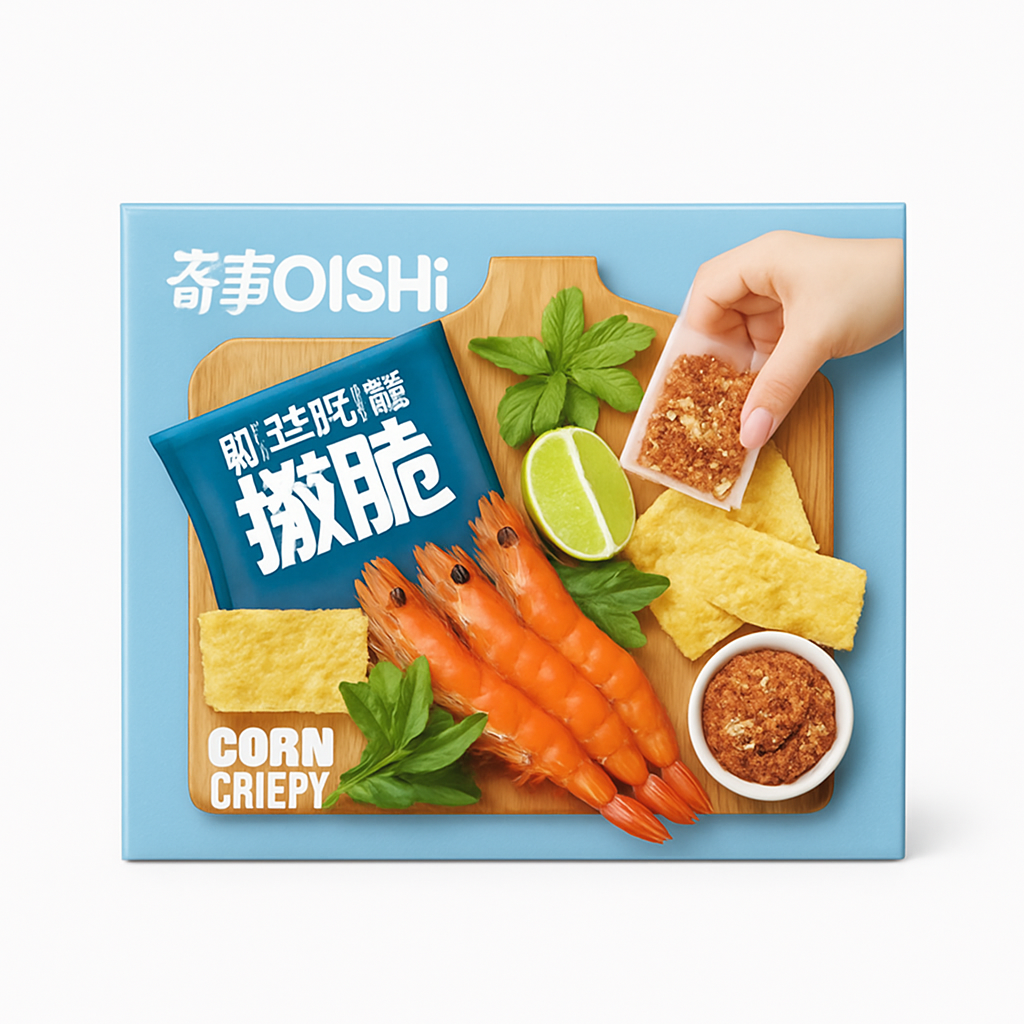Mei Wei: Biscoito de Milho Sabor Camarão Australiano（澳式蝦味玉米脆片）- Oishi 180g - Embalagem em Fundo Branco