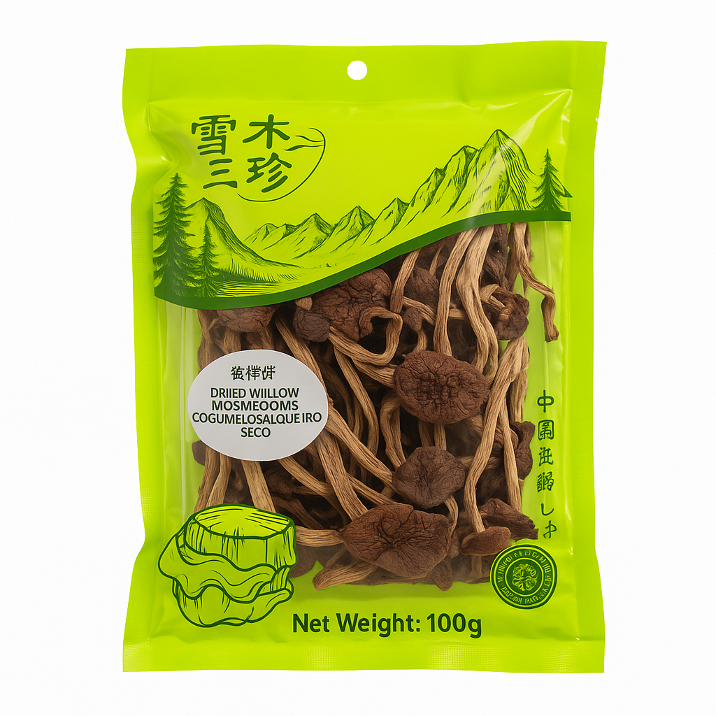 Mei Wei: Cogumelo Salgueiro Seco（茶树菇）- Xue San Zhen 100g - Embalagem em Fundo Branco
