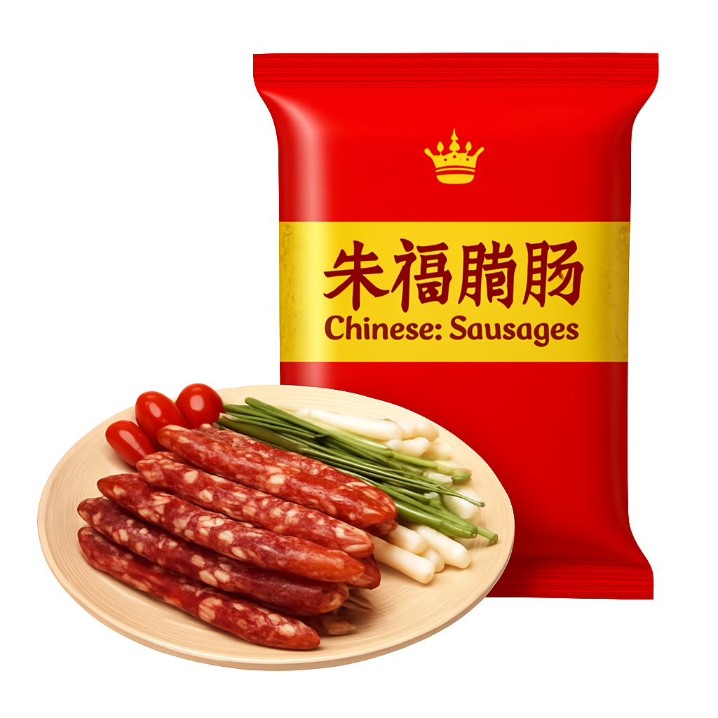 Mei Wei: Linguiça Chinesa Defumada（茶福腊肠）- Huangshanghuang 400g - Embalagem em Fundo Branco