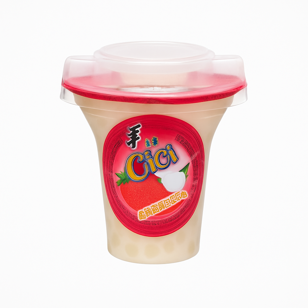 Mei Wei: Gelatina de Lichia Cici（喜之郎果汁杯）- Jinmailang 218g - Embalagem em Fundo Branco