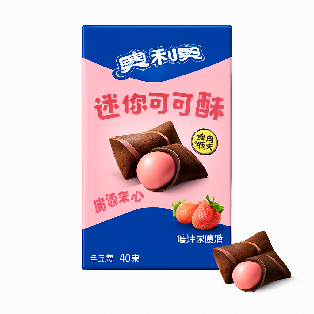 Mei Wei: Biscoito Recheado Morango（奥利奥迷你可可酥）- Oreo 40g - Embalagem em Fundo Branco