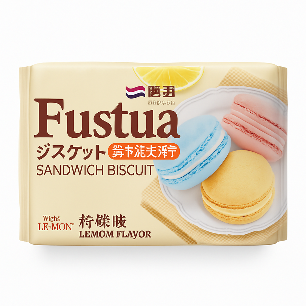 Mei Wei: Biscoito Sanduíche Sabor Limão（马卡龙夹心饼干）- Fustua 100g - Embalagem em Fundo Branco