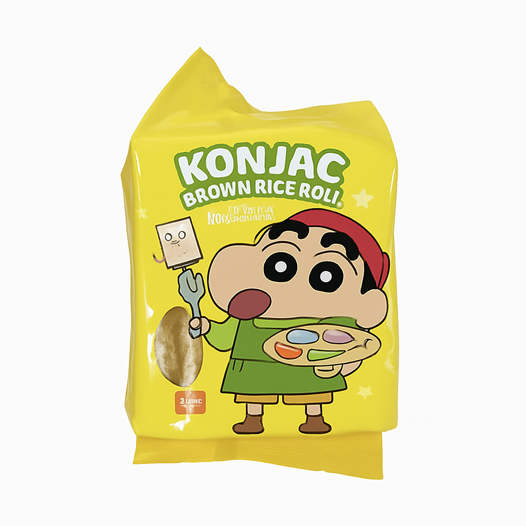 Mei Wei: Biscoito de Arroz Integral Konjac Sabor Gema de Ovo（クレヨンしんちゃん）- Crayon Shin-chan 130g - Embalagem em Fundo Branco