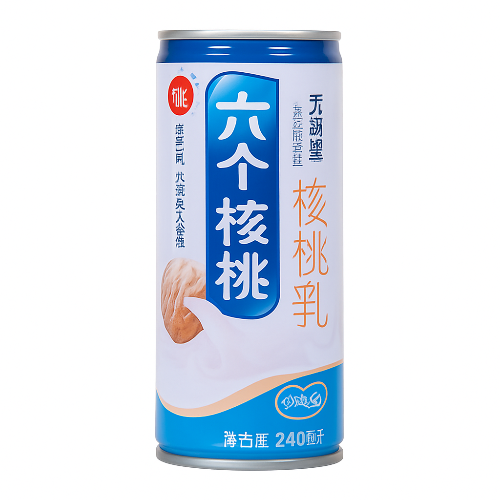 Mei Wei: Bebida de Noz（六个核桃）- Yangyuan 240ml - Embalagem em Fundo Branco