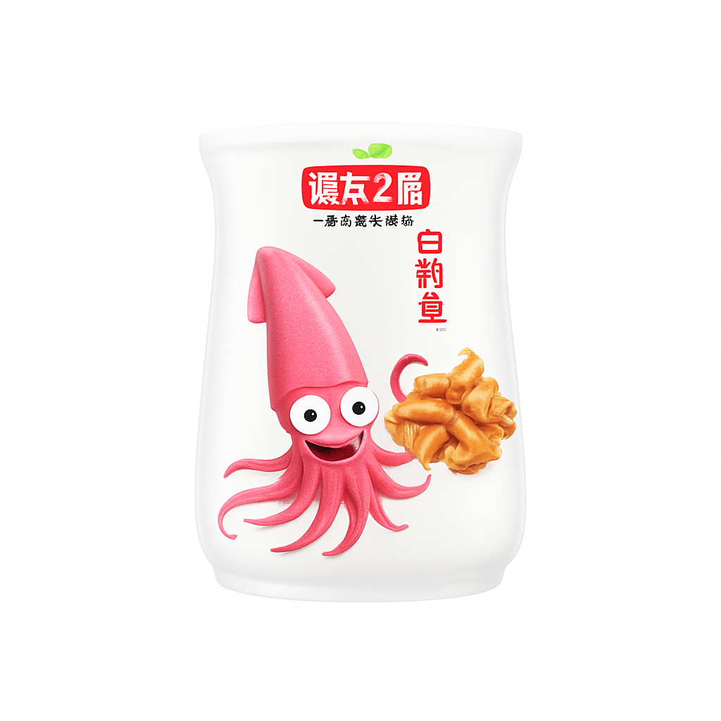 Mei Wei: Lula Temperada Picante（渔米之湘山珍鱿鱼量贩包）- YuMiZhiXiang 95g - Embalagem em Fundo Branco