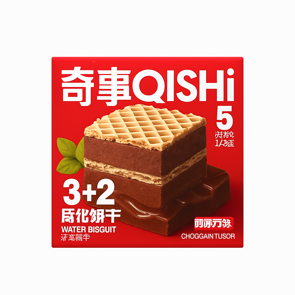 Mei Wei: Biscoito Wafer Recheado Sabor Chocolate Qishi（奇事）- 58g - Embalagem em Fundo Branco