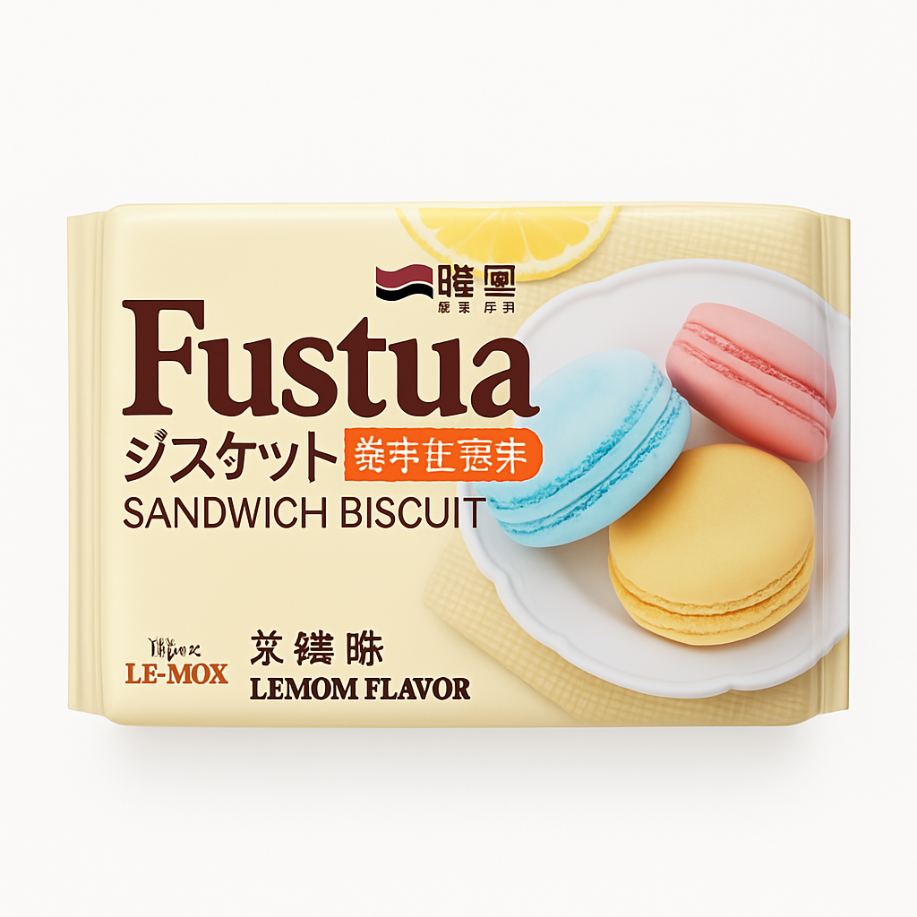 Mei Wei: Biscoito Sanduíche Sabor Limão（马卡龙夹心饼干）- Fustua 100g - Embalagem em Fundo Branco