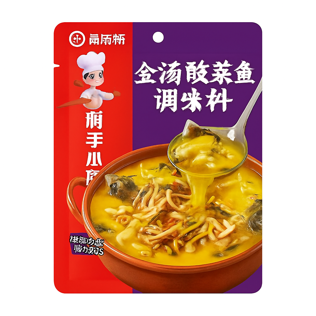 Mei Wei: Tempero para Peixe com Chucrute Dourado（金汤酸菜鱼调味料）- Haidilao 300g - Embalagem em Fundo Branco