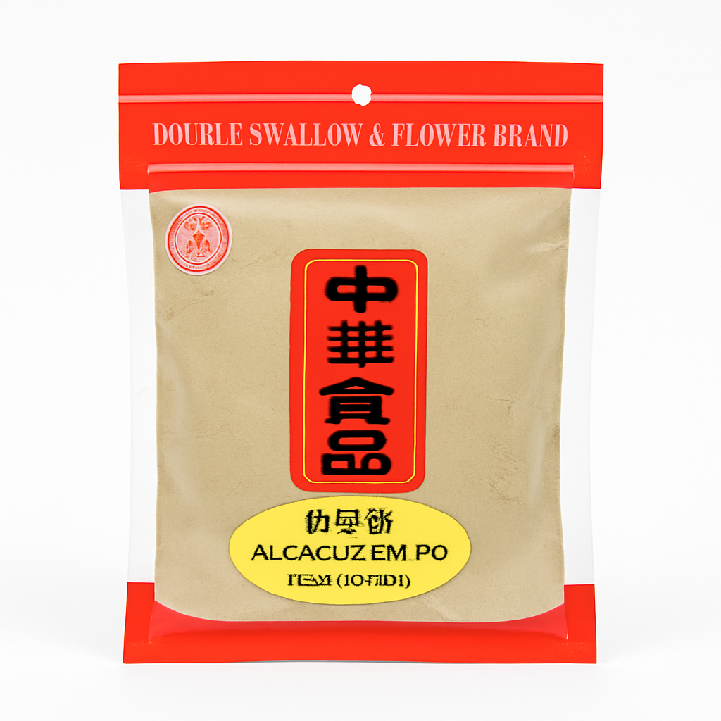 Mei Wei: Alcaçuz em Pó（甘草粉）- Double Swallow & Flower Brand 100g - Embalagem em Fundo Branco