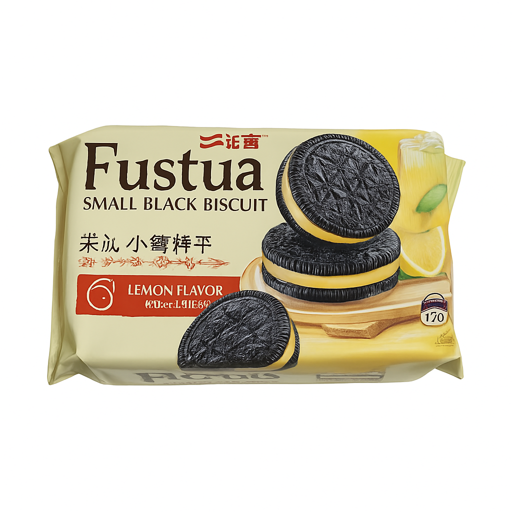 Mei Wei: Biscoito Recheado de Limão（来心小黑饼干）- Fustua 100g - Embalagem em Fundo Branco