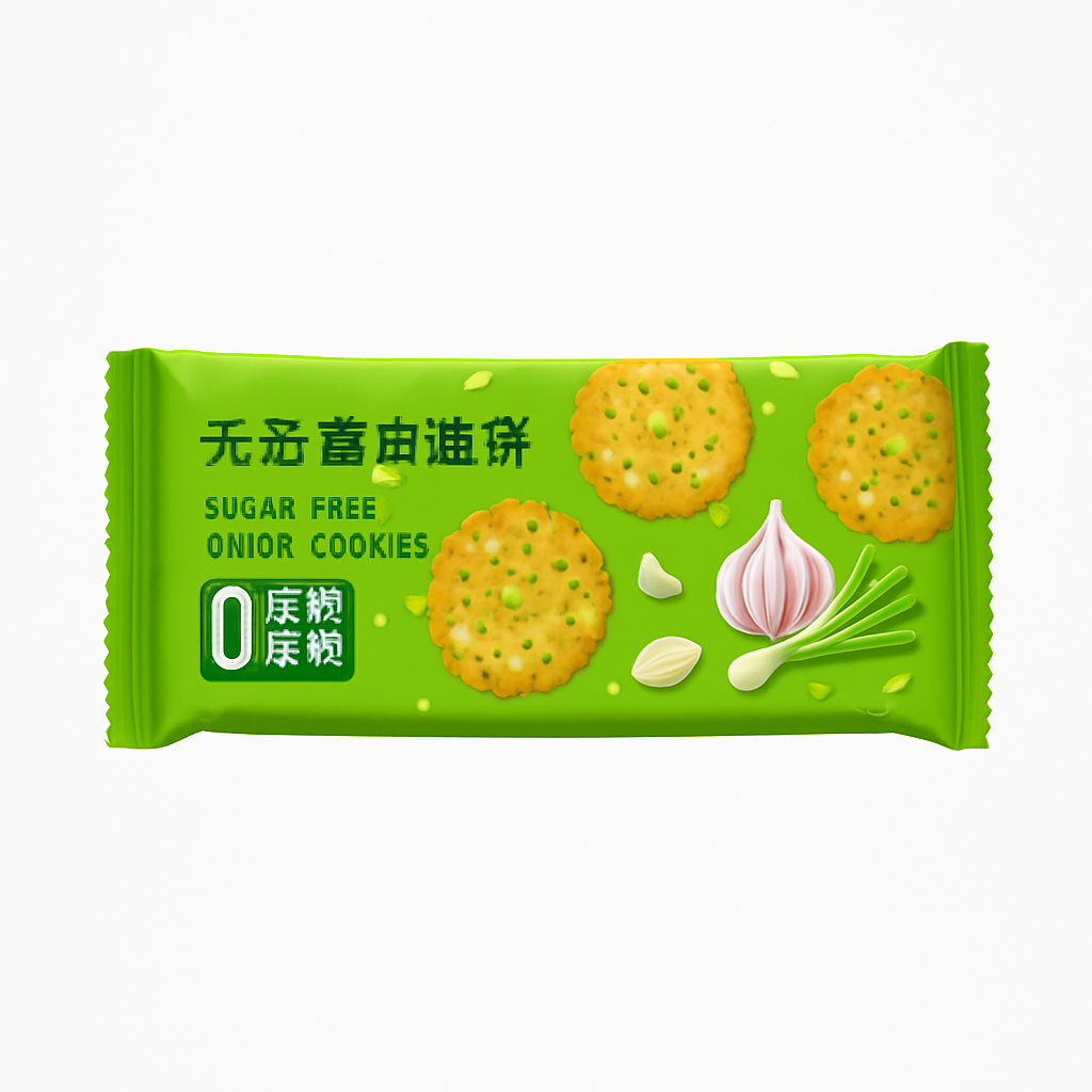 Mei Wei: Biscoito de Cebolinha（添糖葱油饼干）- Wangtong 90g - Embalagem em Fundo Branco