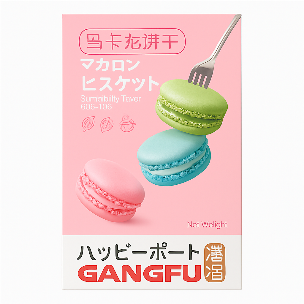 Mei Wei: Biscoito Macaron（马卡龙饼干）- Gangfu 50g Sabor Morango - Embalagem em Fundo Branco