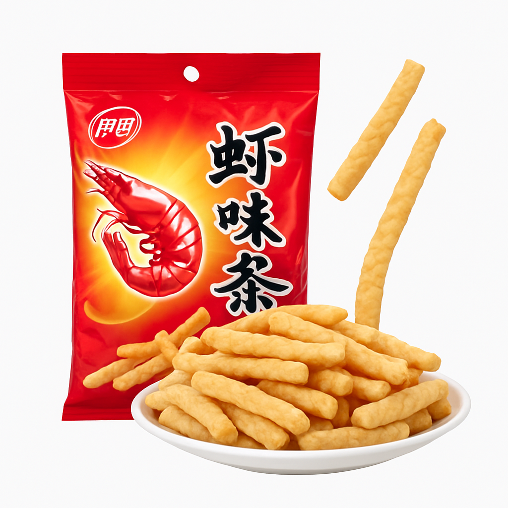 Mei Wei: Salgadinho de Camarão Torcido（虾味条）- Wenbo 80g - Embalagem em Fundo Branco