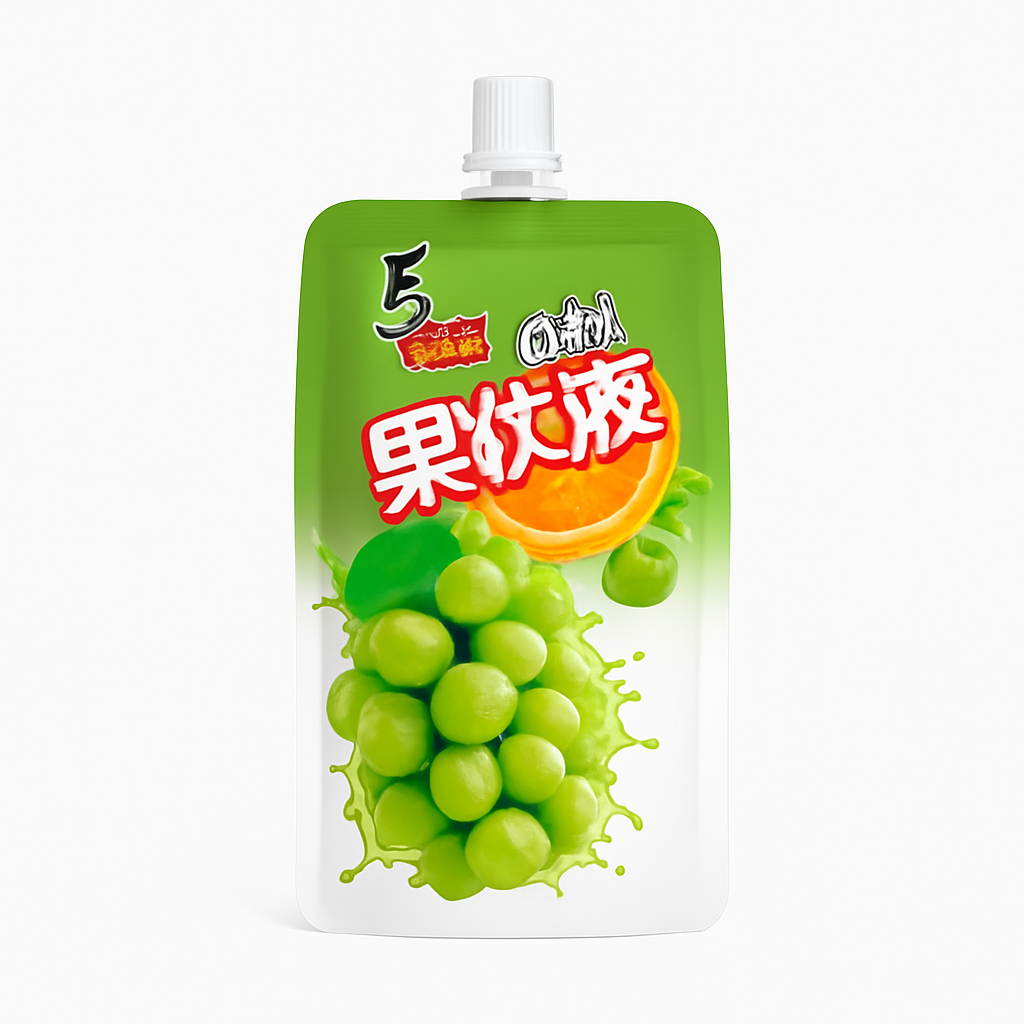 Mei Wei: Bebida de Uva com Pedaços de Fruta（喜之郎果粒爽）- Xizhilang 350ml - Embalagem em Fundo Branco