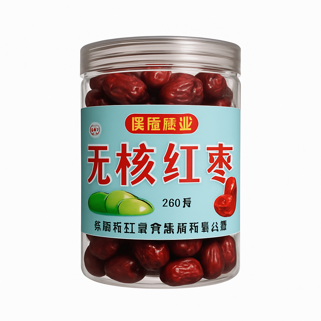 Mei Wei: Tâmara Vermelha Sem Caroço（无核红枣）- Tengguan 280g - Embalagem em Fundo Branco
