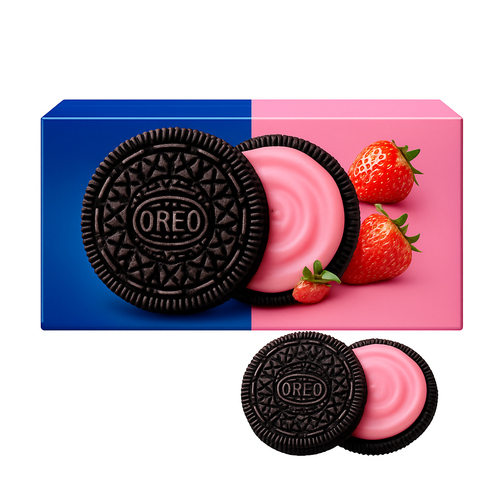 Mei Wei: Biscoito Wafer Oreo Duplo Sabor Morango （奥利奥双心脆威化草莓味）- Oreo 6 unidades - Embalagem em Fundo Branco
