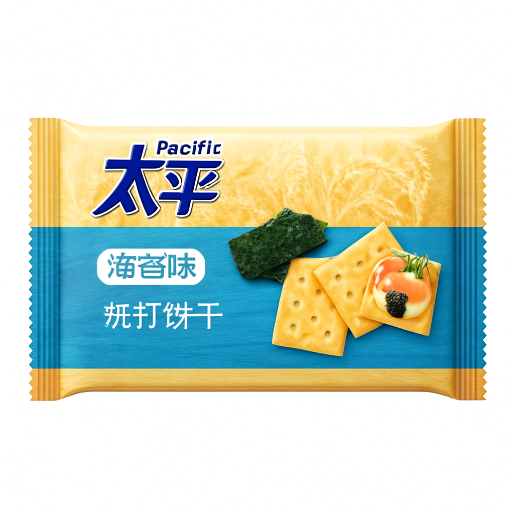 Mei Wei: Biscoito Salgado Sabor Alga Marinha（太平海苔梳打饼干）- Pacific 400g - Embalagem em Fundo Branco