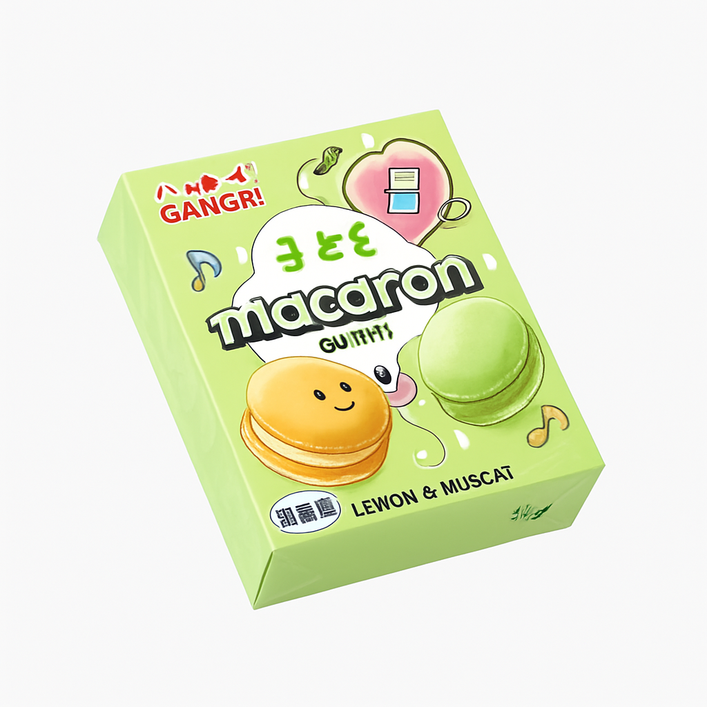 Mei Wei: Biscoito Macaron com Pop Rocks Sabor Matcha（港福跳跳糖马卡龙饼干）- Gangfu 132g - Embalagem em Fundo Branco