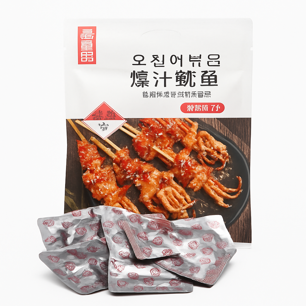 Mei Wei: Lula Explosiva Picante（爆汁鱿鱼）- Qinghaoyuan 71g - Embalagem em Fundo Branco