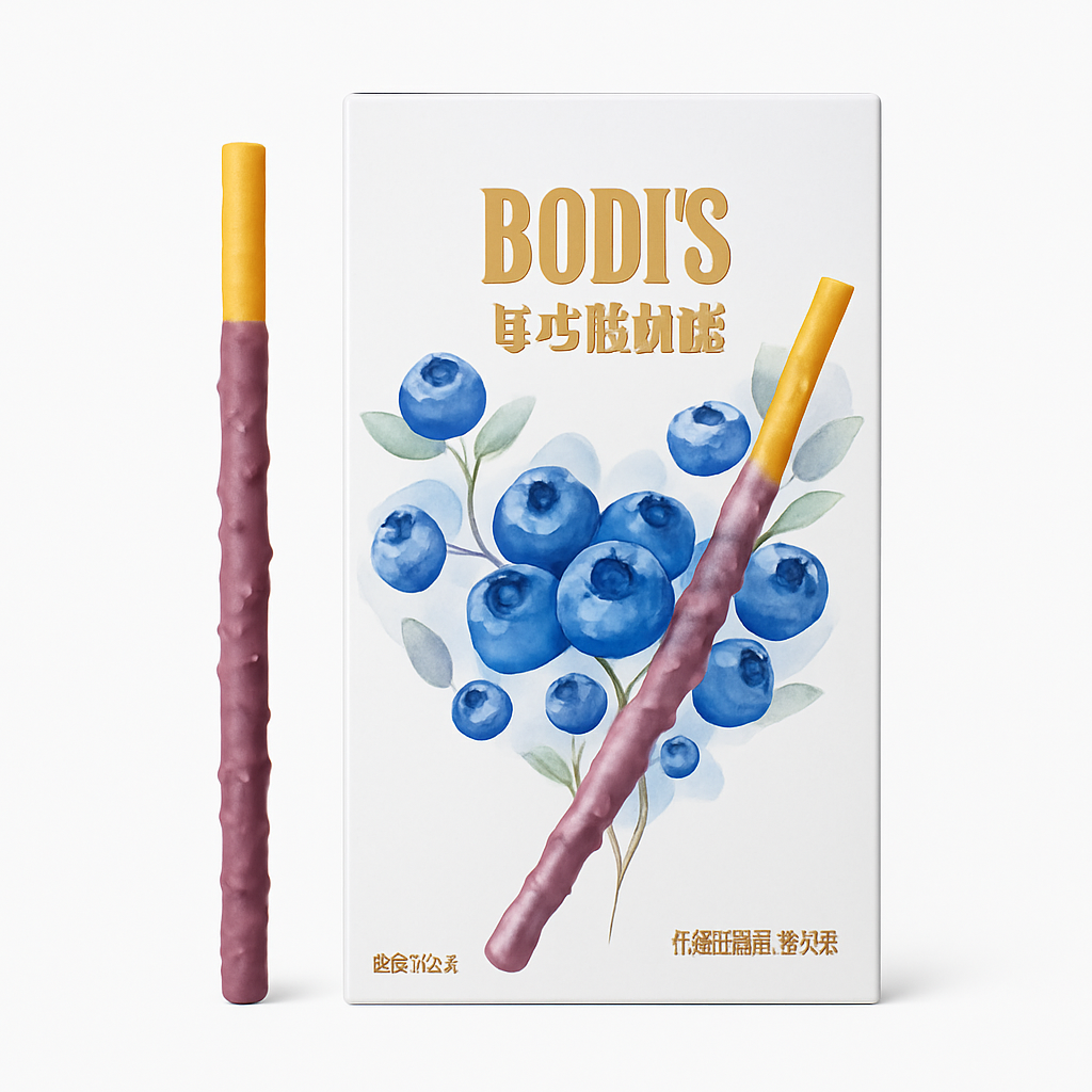 Mei Wei: Biscuit Sticks Sabor Mirtilo（伯蒂厚巧粒粒棒）- Bodi's 32g - Embalagem em Fundo Branco