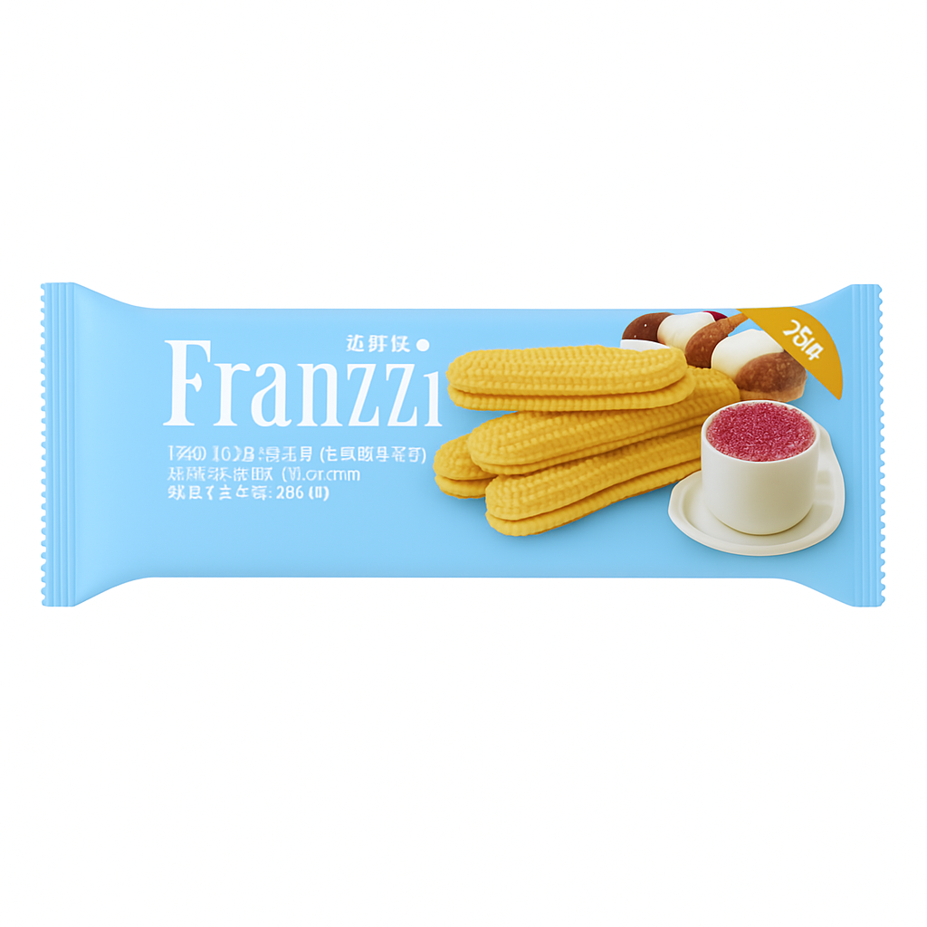 Mei Wei: Biscoito Waffle com Recheio Sabor Café Latte de Coco（法丽兹夹心曲奇）- Franzzi 70g - Embalagem em Fundo Branco