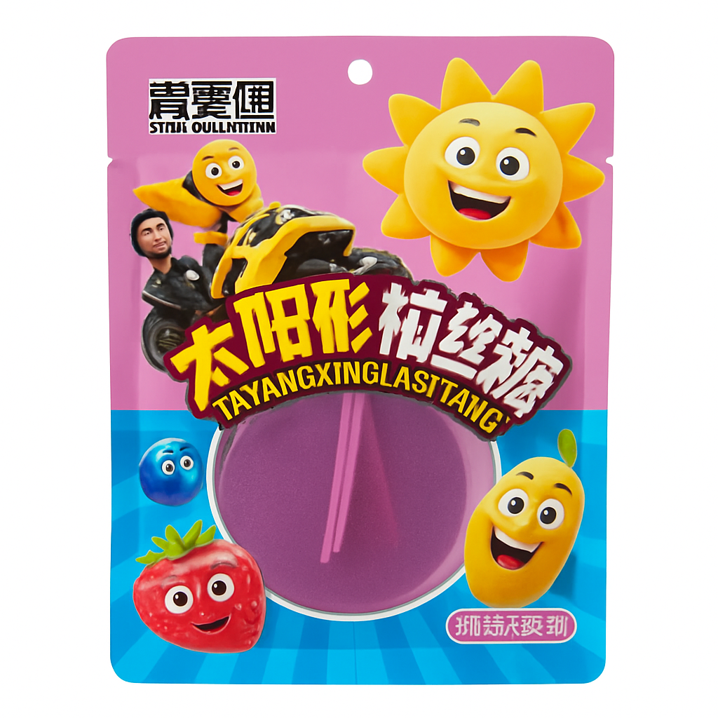 Mei Wei: Bala Elástica Sabor Frutas Mistas（太阳形拉丝糖）- Qinghao Yuan 95g - Embalagem em Fundo Branco