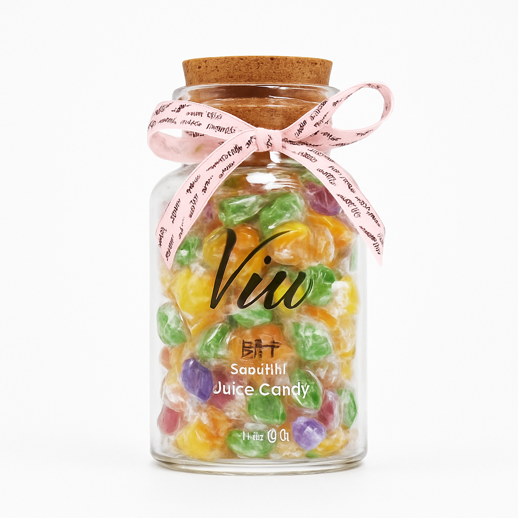 Mei Wei: Bala de Frutas em Pote Decorativo（心语心愿果汁糖）- Qifeng 80g - Embalagem em Fundo Branco