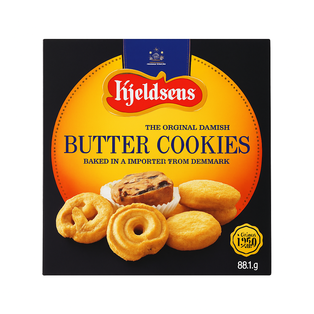 Mei Wei: Butter Cookies Dinamarqueses（丹麦蓝罐曲奇）- Kjeldsens 681g - Embalagem em Fundo Branco