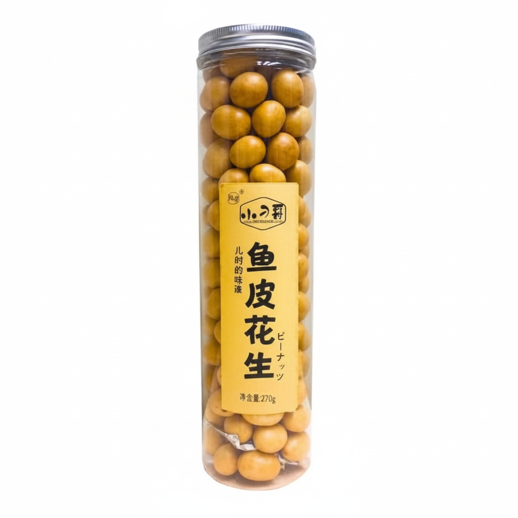 Mei Wei: Amendoim Crocante Tipo Fish Skin Frasco 270g - 鱼皮花生 - Embalagem em Fundo Branco