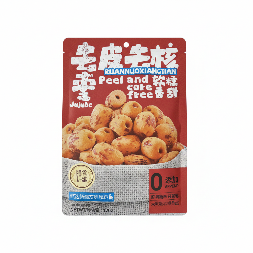 Mei Wei: Tâmaras Sem Caroço e Sem Casca 去皮去核枣 120g - Embalagem em Fundo Branco