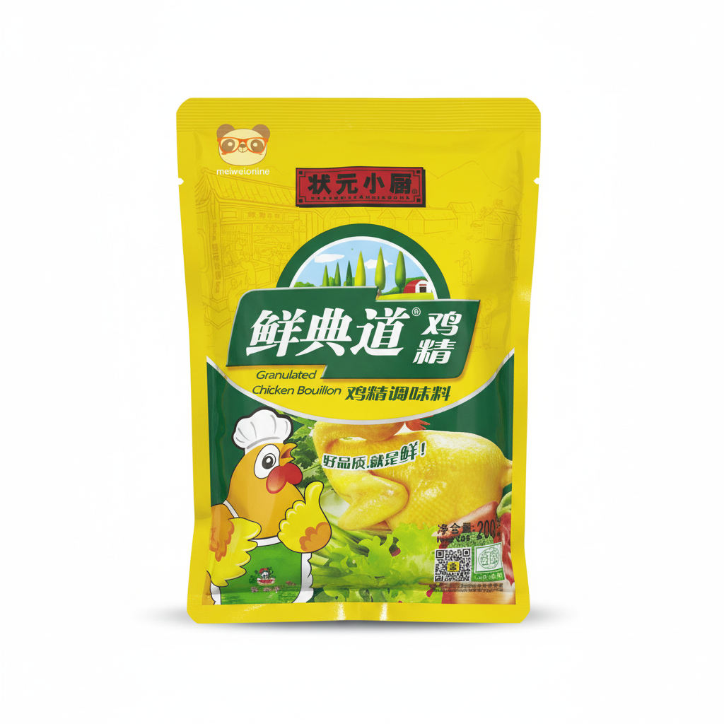 Mei Wei: Caldo de Galinha Chinês em Pó Granulado Zhuang 200g - Embalagem em Fundo Branco