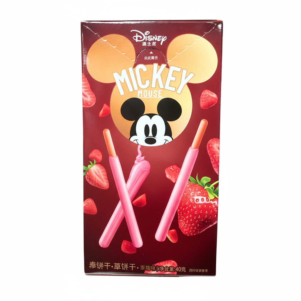 Mei Wei: Biscoito Palito Sabor Morango Mickey Disney 40g - Embalagem em Fundo Branco