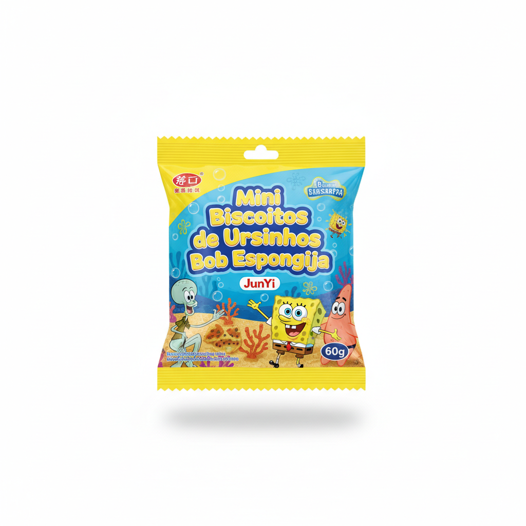 Mei Wei: Mini Biscoitos de Ursinhos Faça Você Mesmo Bob Esponja JunYi 60g - Embalagem em Fundo Branco
