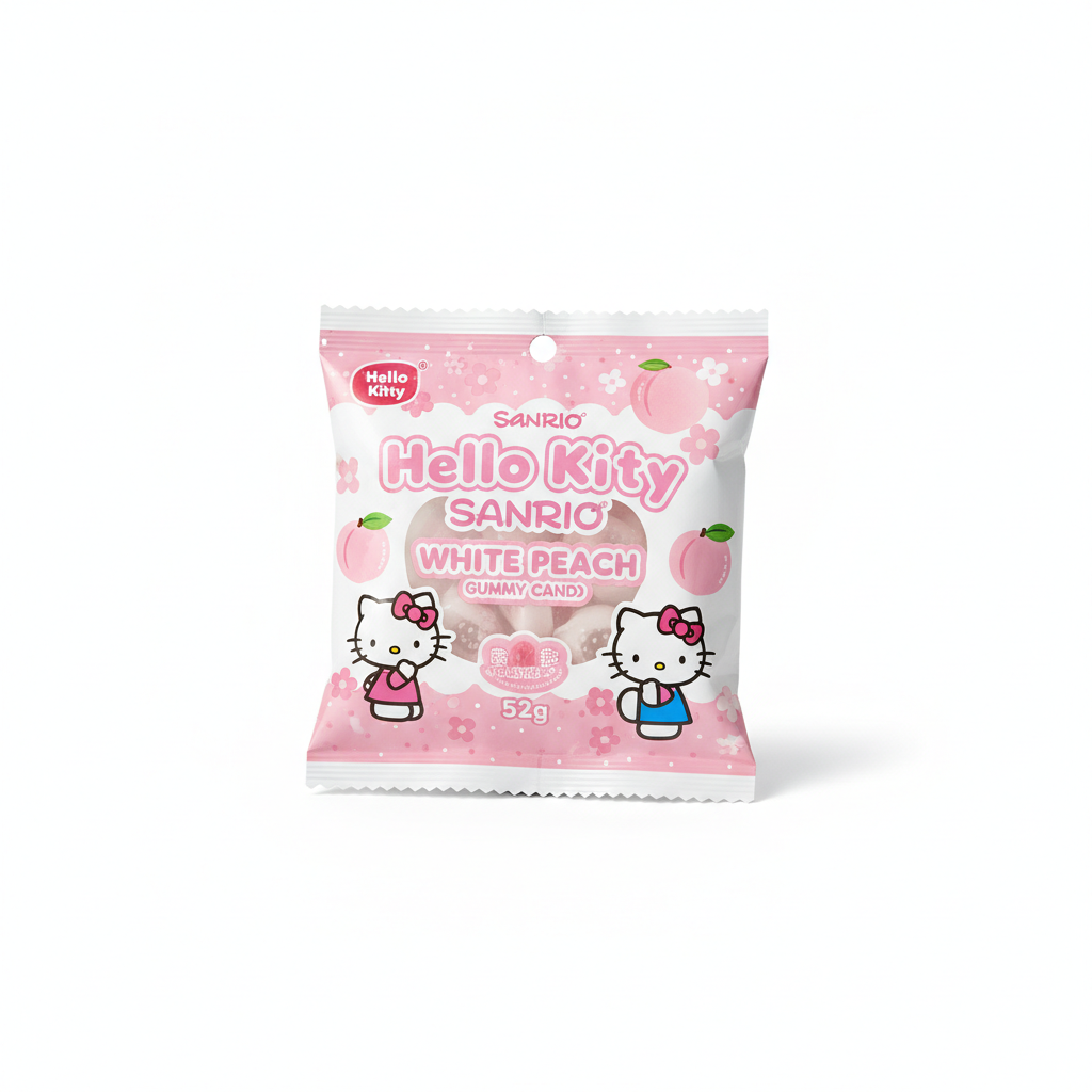 Mei Wei: Bala de Goma Hello Kitty Pêssego Branco 52g - Embalagem em Fundo Branco