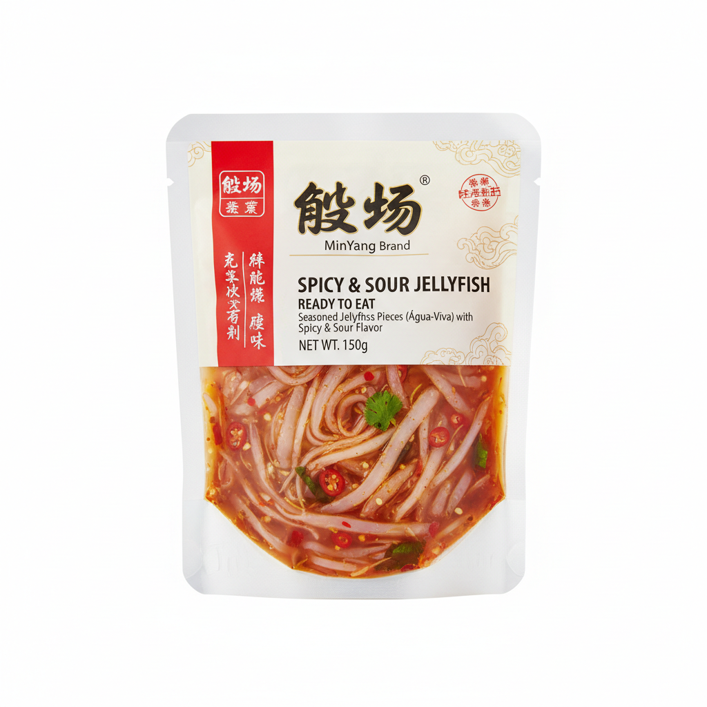 Mei Wei: Pedaços de Água-Viva Picante e Azedo MinYang 150g - Embalagem em Fundo Branco