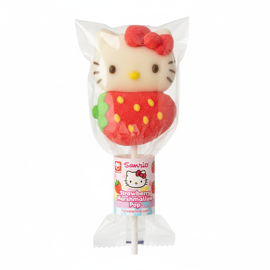 Mei Wei: Pirulito de Marshmallow Hello Kitty e Morango Sanrio 22g - Embalagem em Fundo Branco