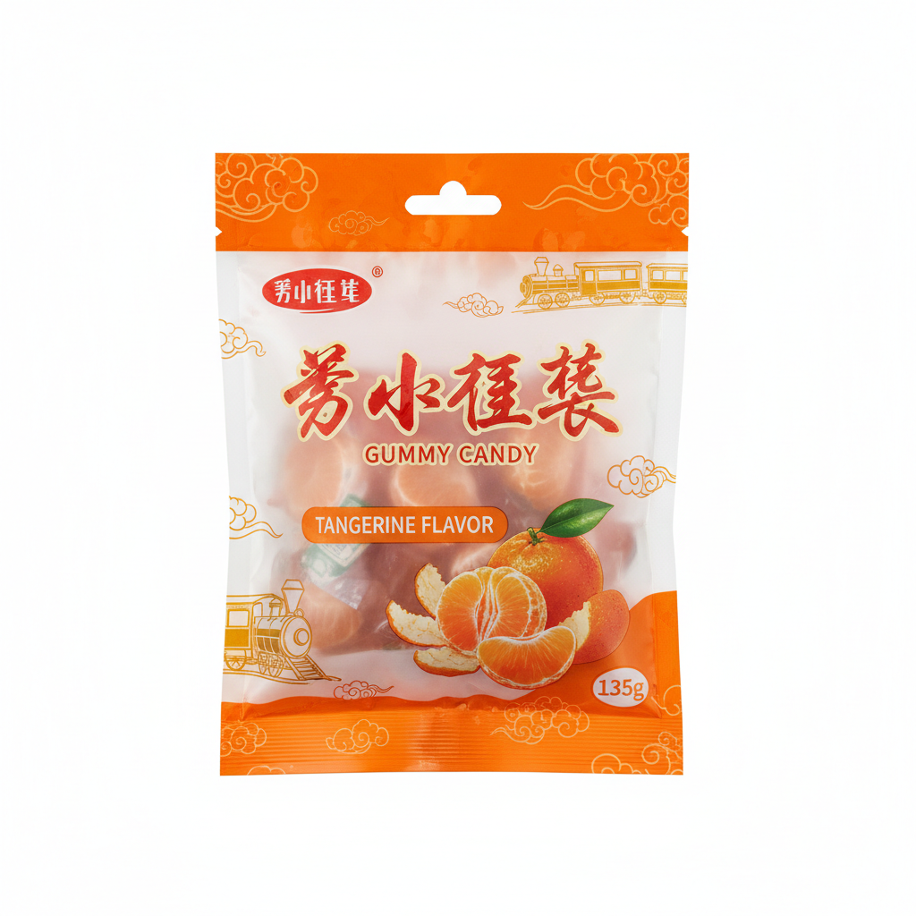 Mei Wei: Bala de Goma Sabor Tangerina Xiu Xian Lieche 135g - Embalagem em Fundo Branco