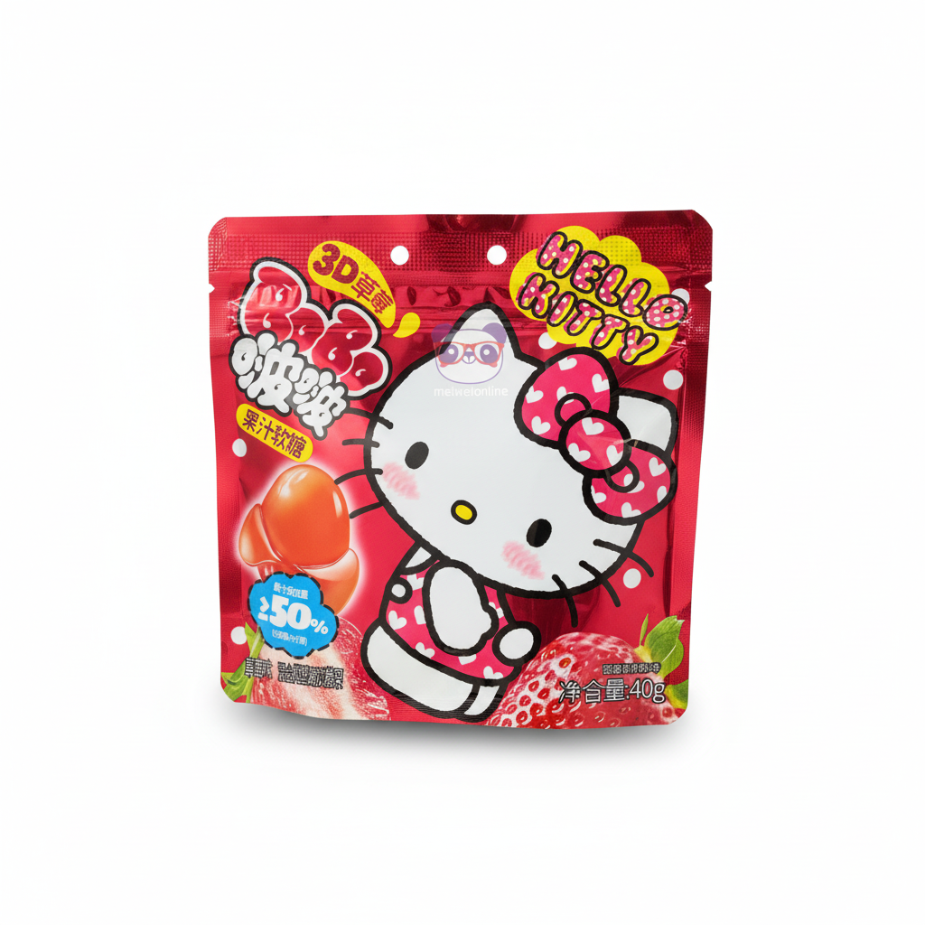 Mei Wei: Bala de Goma Sabor Morango Hello Kitty 凯蒂猫 40g - Embalagem em Fundo Branco
