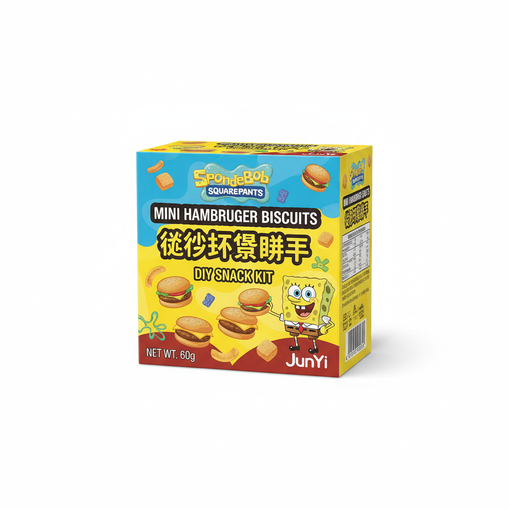 Mei Wei: Mini Biscoitos de Hambúrguer Faça Você Mesmo Bob Esponja JunYi 60g - Embalagem em Fundo Branco