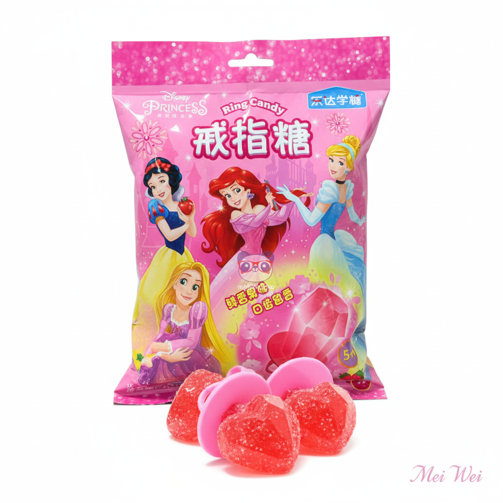 Mei Wei: Pirulito de Anel Sabor Morango Princesas da Disney 50g - Embalagem em Fundo Branco