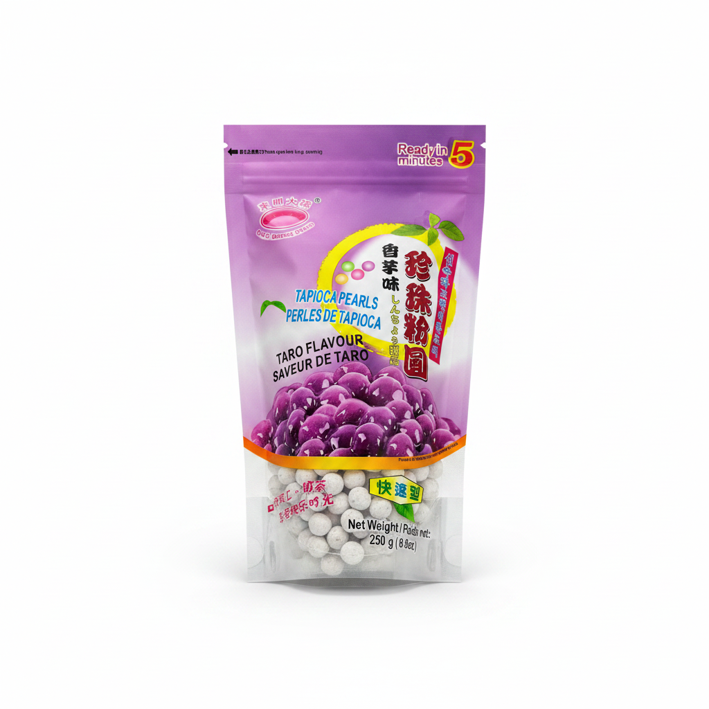 Mei Wei: Pérola de Tapioca Sabor Taro 香芋珍珠粉圆 250g - Embalagem em Fundo Branco