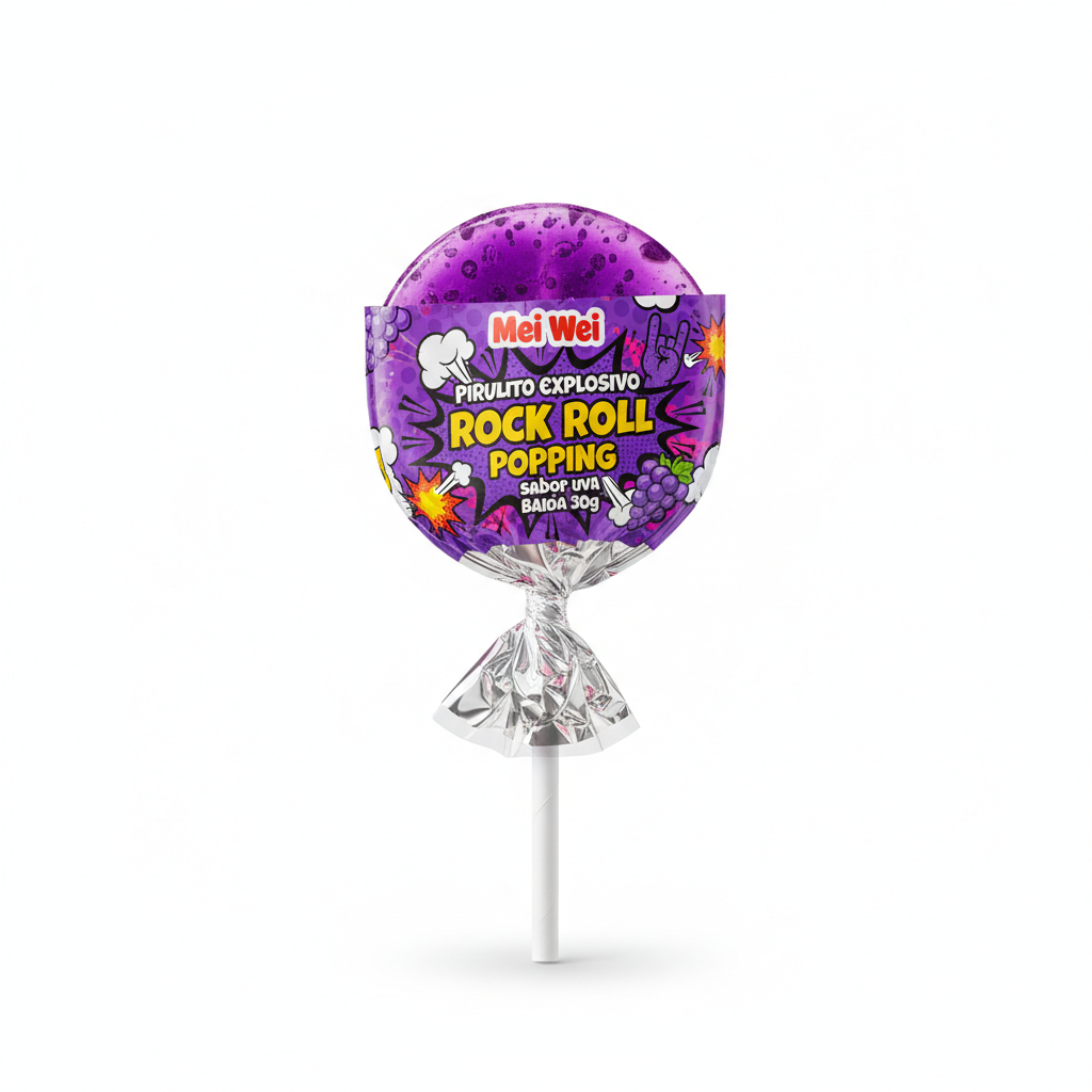 Mei Wei: Pirulito Explosivo Rock Roll Popping Uva Baida 30g - Embalagem em Fundo Branco