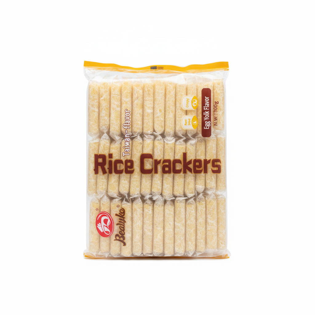 Mei Wei: Biscoito de Arroz Sabor Gema de Ovo Bealyko 300g - Embalagem em Fundo Branco