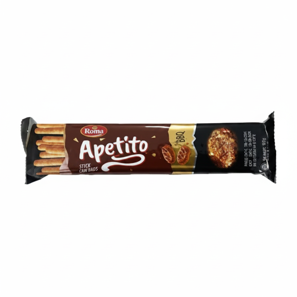 Mei Wei: Palitinhos Sabor Barbecue ROMA Apetito 18,5g × 12 × 6 - Embalagem em Fundo Branco
