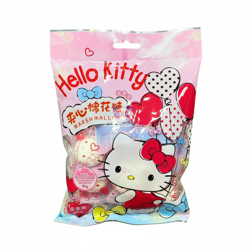Mei Wei: Marshmallow recheado sabor morango Hello Kitty - Sanrio 80g - Embalagem em Fundo Branco