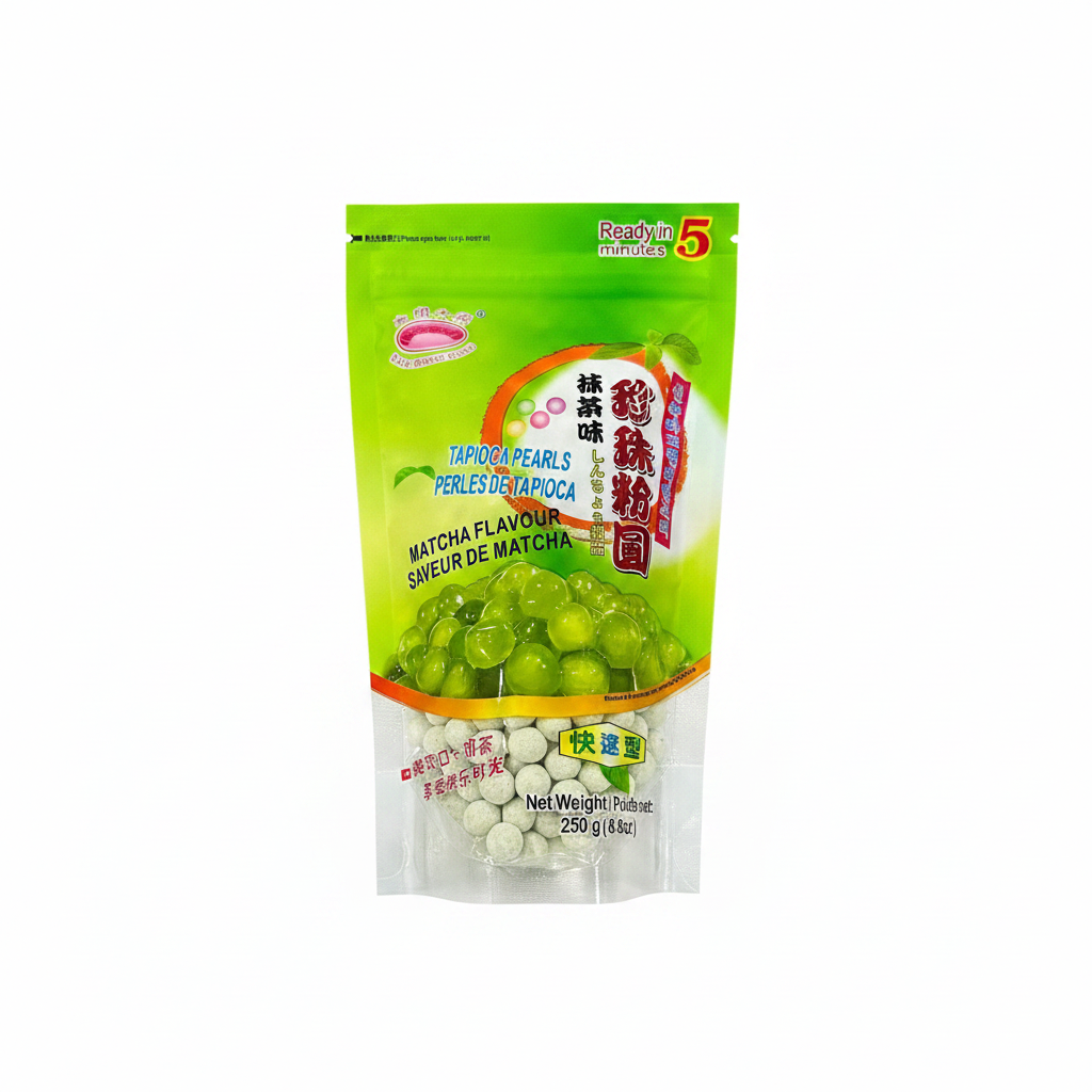 Mei Wei: Pérola de Tapioca Sabor Matcha 抄茶珍珠粉圆 250g - Embalagem em Fundo Branco