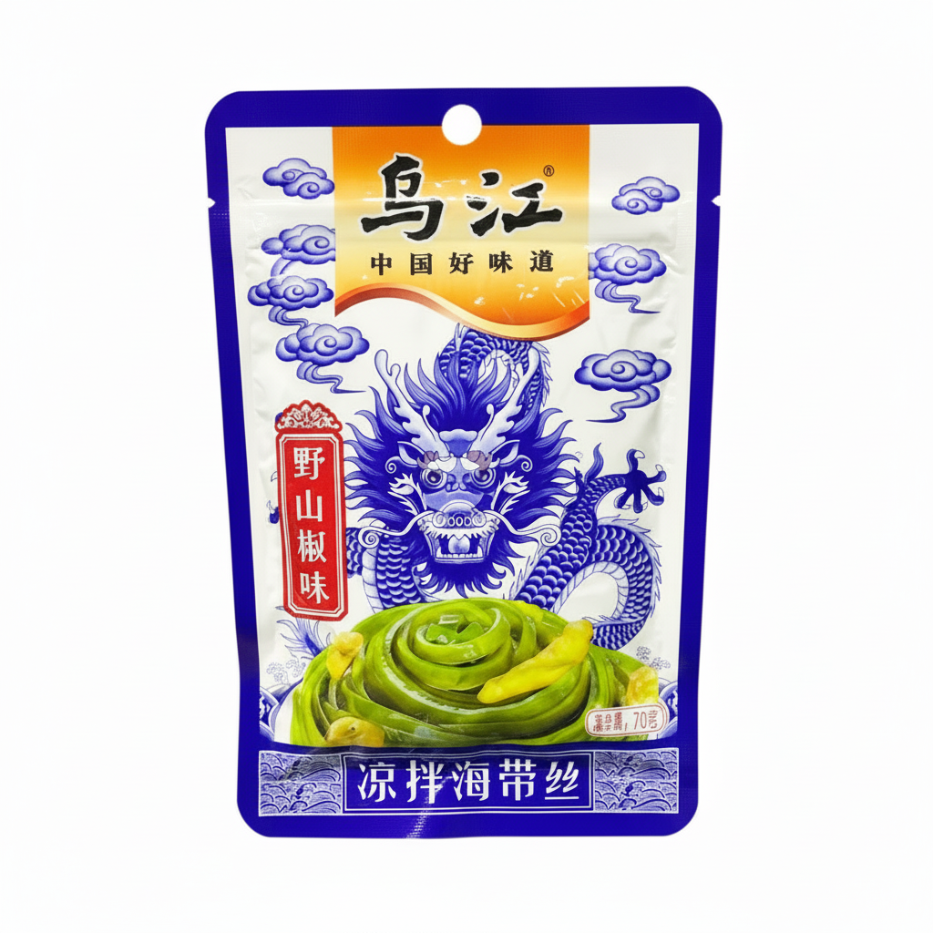 Mei Wei: Salada de Alga Marinha com Pimenta Selvagem WuJiang 70g - 凉拌海带丝 野山椒味 - Embalagem em Fundo Branco