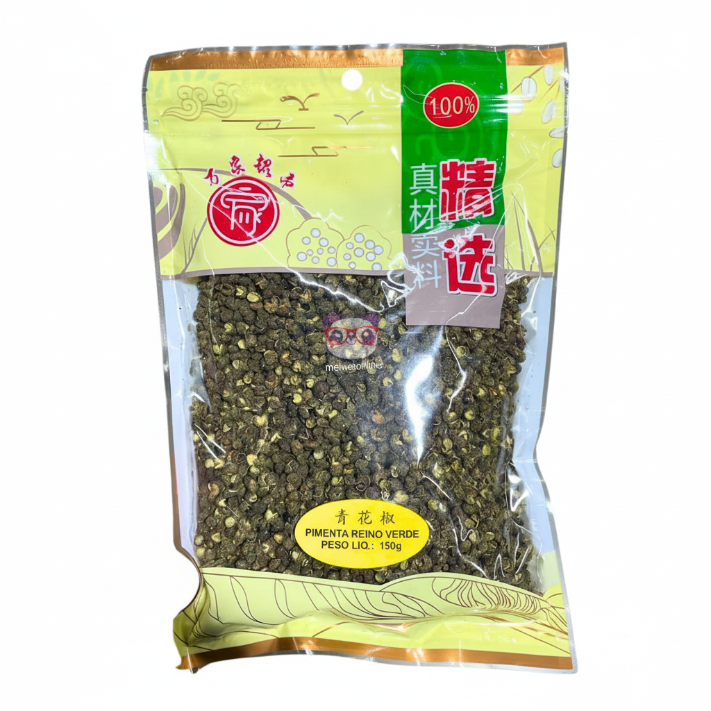 Mei Wei: Pimenta Verde Bolinha Hua Jiao de Sichuan 花椒 Hong Duo Jiao Zhuang 150g - Embalagem em Fundo Branco